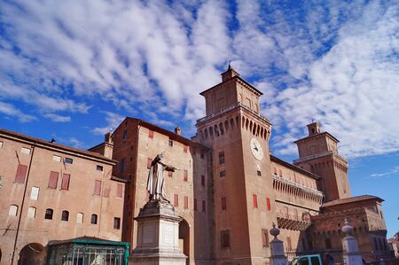 Este castle and statue of Savonarola, Ferrara, Italyのeditorial素材