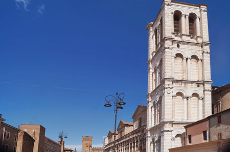 Bell tower of the Cathedral of Ferrara, Italyの写真素材