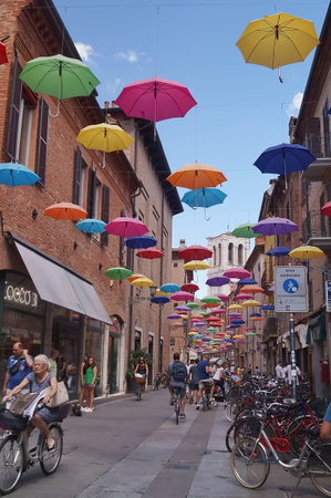 Giuseppe Mazzini street with hanging umbrellas, Ferrara, Italyのeditorial素材