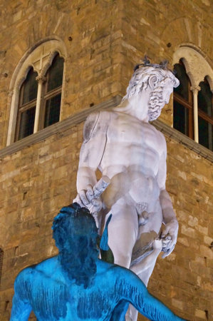 Biancone fountain at night, Piazza Signoria, Florence, Italyの写真素材