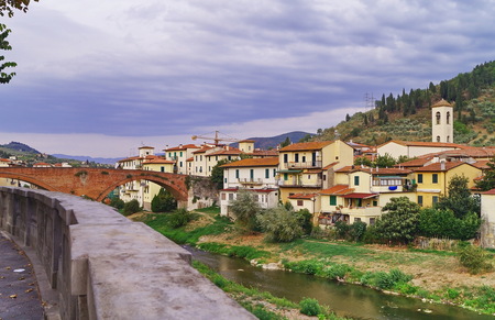Medicean bridge over Sieve river, Pontassieve, Tuscany, Italyの写真素材