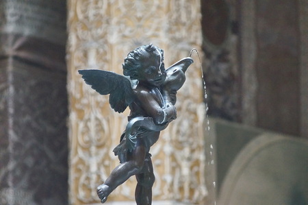 Fountain of putto with dolphin by Verrocchio, Palazzo Vecchio, Florence, Italyの写真素材