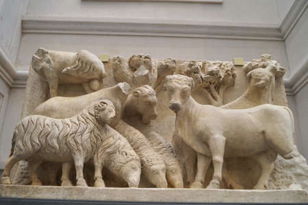 Bas-relief of a flock of sheep by Arnolfo di Cambio in the Museo dell'Opera del Duomo, Florence, Italyのeditorial素材