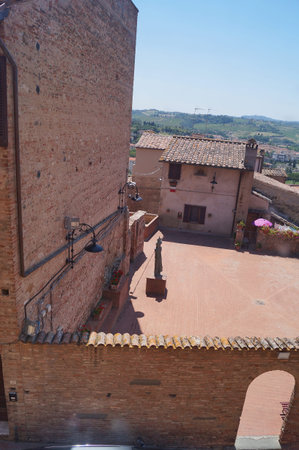 Panorama from the tower house of Giovanni Boccaccio in the ancient medieval village of Certaldo, Tuscany, Italyのeditorial素材