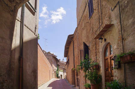 Typical alley of the ancient medieval village of Certaldo, Tuscany, Italyのeditorial素材