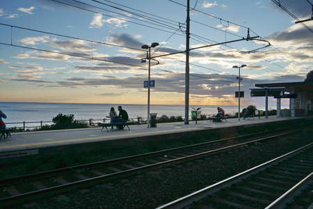 Corniglia village railway station at sunset, Cinque Terre, Italyのeditorial素材