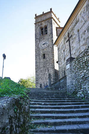 Bell tower of the church of San Jacopo a Gallicano in Garfagnana, Tuscany, Italyの写真素材
