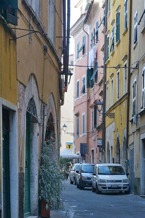 Typical street in the historic center of Carrara, Tuscany, Italyの写真素材