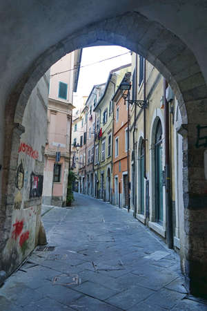 Typical street in the historic center of Carrara, Tuscany, Italyの写真素材
