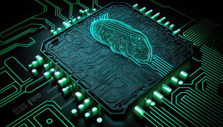 3d rendering of microchip with human brain on circuit board background
