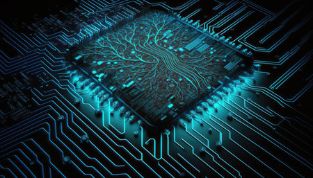 Circuit board on a blue background. 3d rendering, 3d illustration.