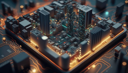 Circuit board futuristic city. 3d rendering, 3d illustration.