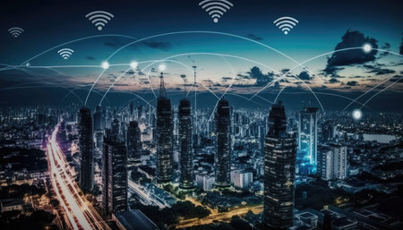 Smart city and internet of things concept with wireless connection over cityscape background