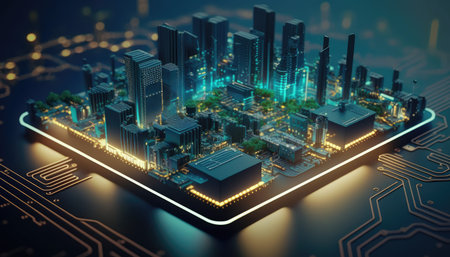 Futuristic city in the form of a circuit board. 3d rendering