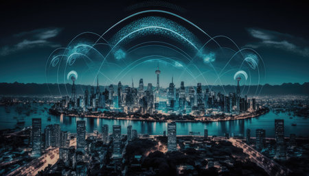 Smart city and wireless communication network over the cityscape at night time