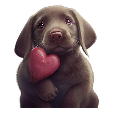 Chocolate Labrador Retriever puppy with red heart on white backgroundの写真素材