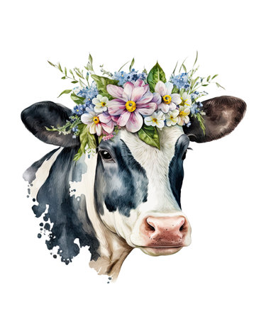 Watercolor portrait of a cow with a wreath of flowers on her headの写真素材