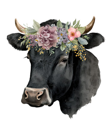 Watercolor portrait of a black cow with a wreath of flowersの写真素材