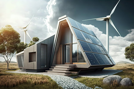 Modern house with solar panels and wind turbines. 3D rendering.