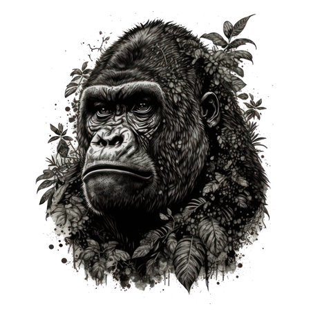 Gorilla in the jungle, sketch graphics monochrome illustration