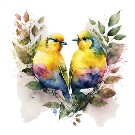 Watercolor birds on a branch with leaves. Watercolor illustration.の写真素材