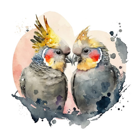 Watercolor illustration of two parrots in love on a white background