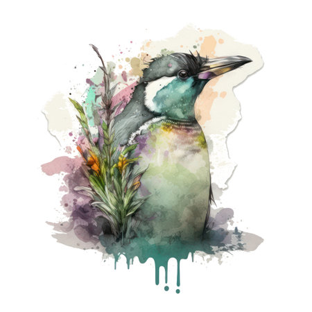Watercolor illustration of a bird with flowers on a white background.の写真素材