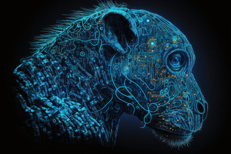 Cyborg head with circuit board on dark background. 3D rendering