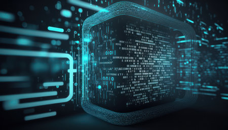 Futuristic binary code abstract background. 3d rendering toned image double exposureの写真素材