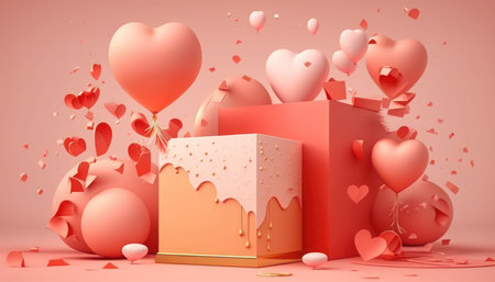 Valentine's Day background with gift box and hearts. 3d rendering