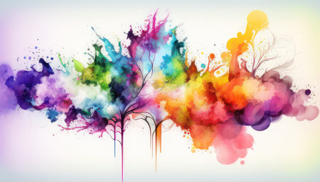 Colorful abstract background with tree silhouettes and watercolor splashesの写真素材