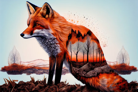 Digital painting of a fox in the forest at sunset.の写真素材