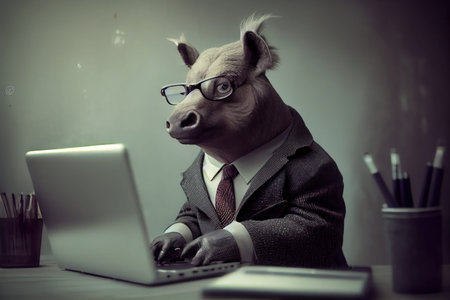 Portrait of a pig in a business suit and glasses working on a laptopの写真素材