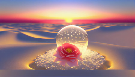 3d render of a crystal ball with a flower in the desertの写真素材