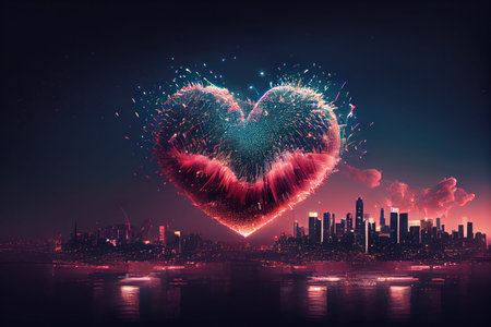 Heart shaped fireworks over the city at night, valentine conceptの写真素材