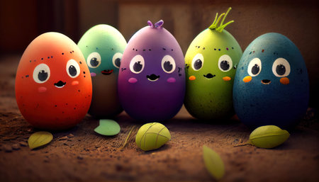 Easter eggs with funny faces on rustic background. Happy Easter concept