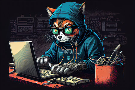 Graphic illustration of a cat hacker stealing data from a laptop.の写真素材