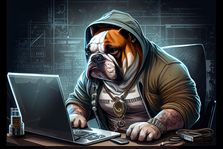 dog in hood with computer on dark background. 3d illustration.の写真素材
