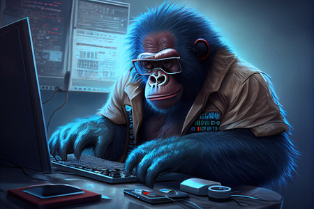 gorilla working on computer in dark room. 3D illustration.の写真素材