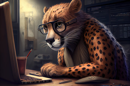 Cheetah in glasses working at the computer. 3d renderingの写真素材