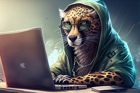 Illustration of a leopard in a hood using a laptop.の写真素材