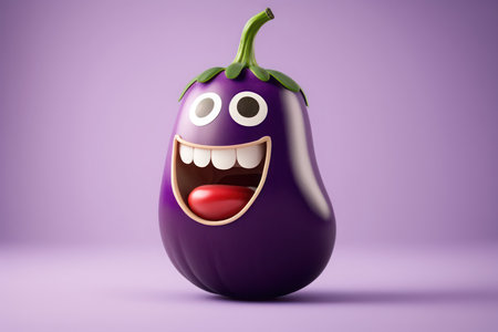 Eggplant with funny face on purple background. 3d illustrationの写真素材