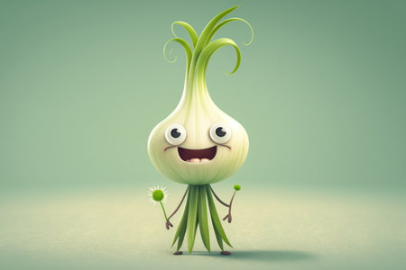 onion character with flower on green background - 3d rendered illustrationの写真素材
