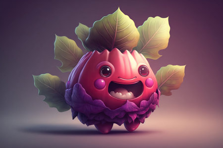 Funny pink kawaii pumpkin with leaves on a dark backgroundの写真素材