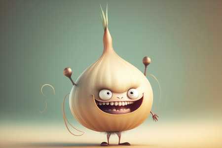 funny cartoon onion character on green background, 3d render illustrationの写真素材