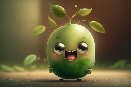 3d illustration of cute green plant character with eyes and cheerful expressionの写真素材