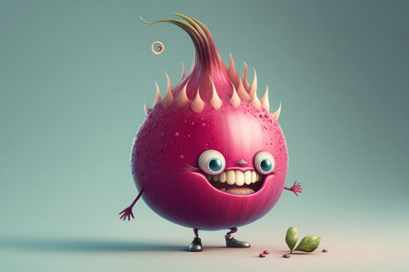 Funny red onion character with eyes and mouth, 3d illustrationの写真素材