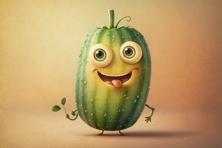 Funny cucumber with green eyes and smiling face, 3d illustrationの写真素材