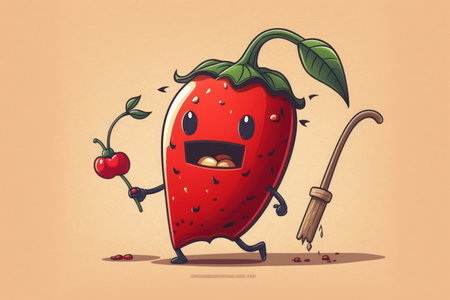 Cartoon strawberry character with a knife and a stick. illustration.の写真素材
