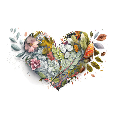 Watercolor heart with autumn leaves. Hand painted illustration isolated on white backgroundの写真素材